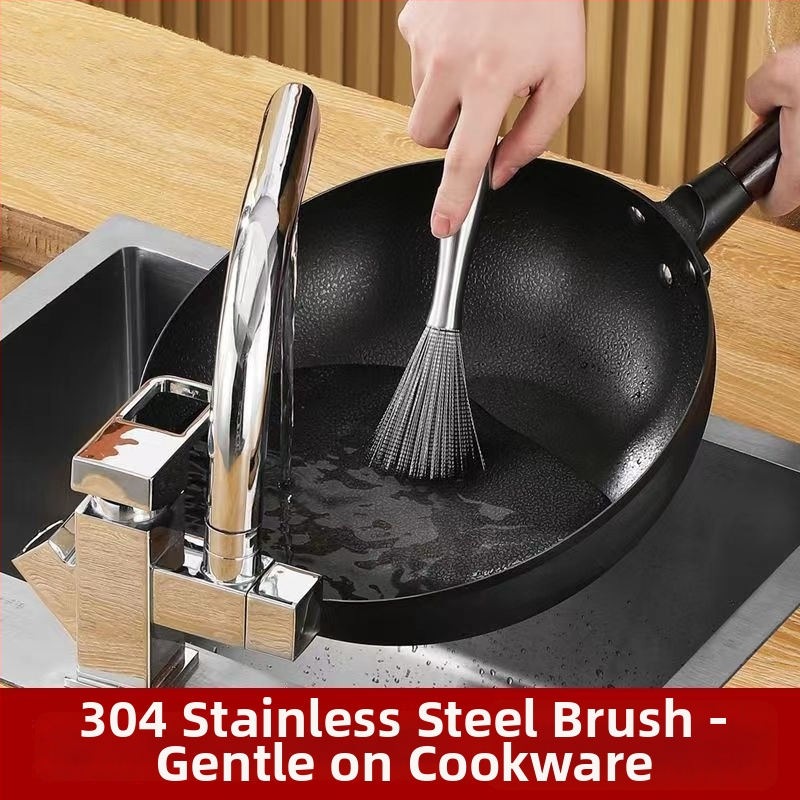 Četka za pranje lonaca s dugačkim dršcem od 304 nehrđajućeg čelika, kuhinja; pogodna za neprijanjajuće posude i lijevano željezo.
