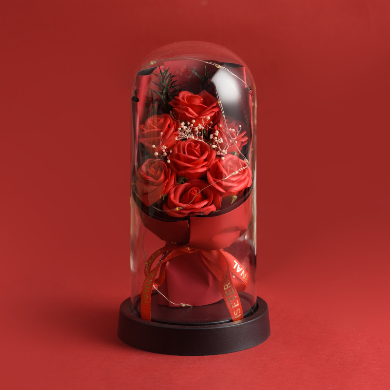 Άνθη σαπουνιού με διατηρημένο τριαντάφυλλο σε γυάλινο θόλο με φωτισμό, διακοσμητικό δώρο για τη Γιορτή της μητέρας και τη Γιορτή του Αγίου Βαλεντίνου
