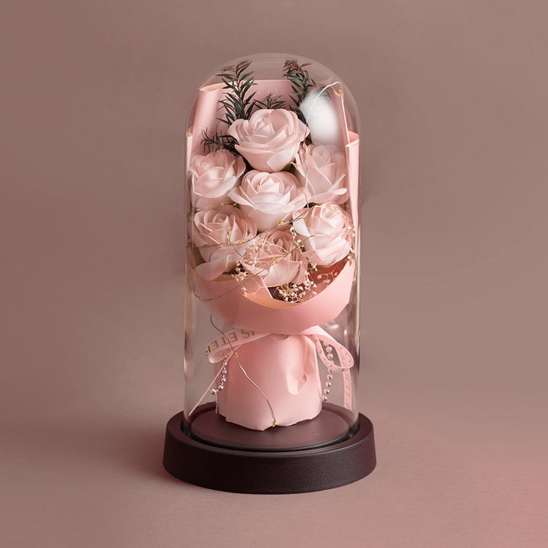 Άνθη σαπουνιού με διατηρημένο τριαντάφυλλο σε γυάλινο θόλο με φωτισμό, διακοσμητικό δώρο για τη Γιορτή της μητέρας και τη Γιορτή του Αγίου Βαλεντίνου