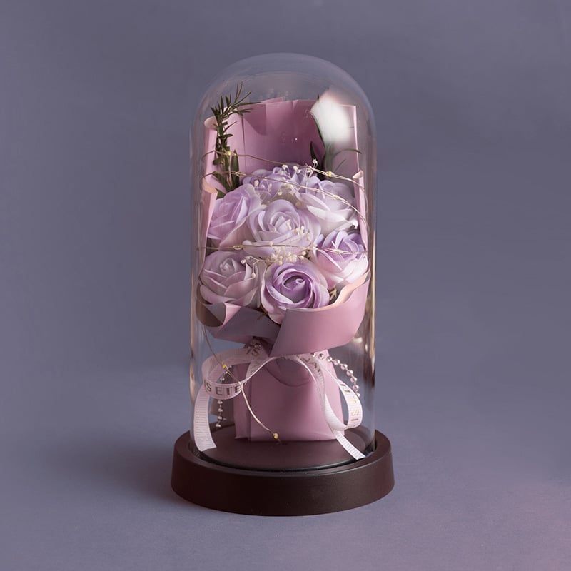 Άνθη σαπουνιού με διατηρημένο τριαντάφυλλο σε γυάλινο θόλο με φωτισμό, διακοσμητικό δώρο για τη Γιορτή της μητέρας και τη Γιορτή του Αγίου Βαλεντίνου