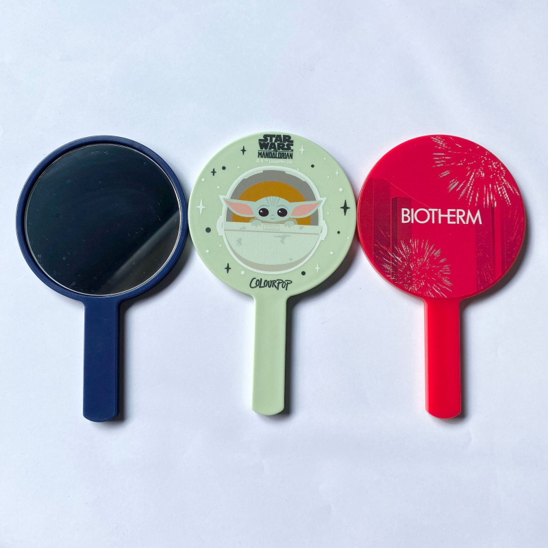 Shunda oglindă de machiaj rotundă, cu mâner, portabilă, ramă ABS, logo imprimat, personalizabilă, două dimensiuni