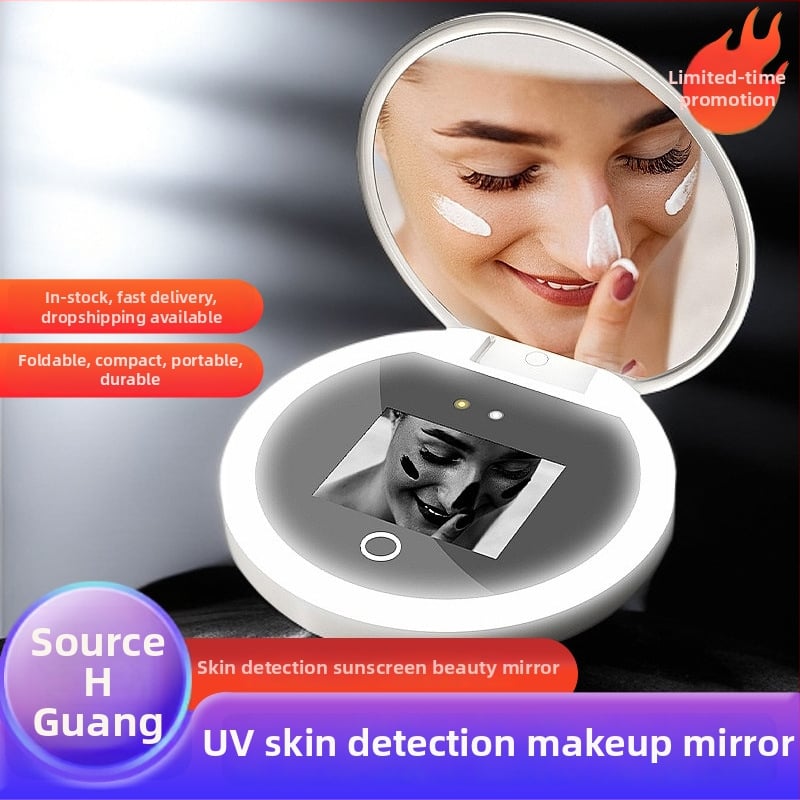 Oglindă UV pentru machiaj cu detecție inteligentă a protecției solare, oglindă de makeup cu iluminare LED, instrument de îndepărtare a protecției solare, pliabilă și portabilă, cadou pentru prieteni