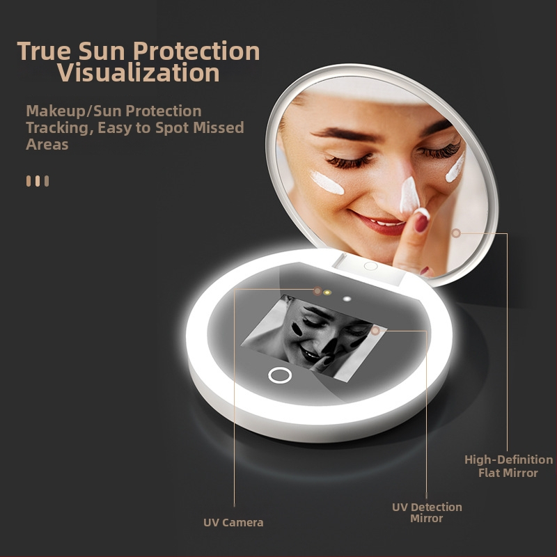 Oglindă UV pentru machiaj cu detecție inteligentă a protecției solare, oglindă de makeup cu iluminare LED, instrument de îndepărtare a protecției solare, pliabilă și portabilă, cadou pentru prieteni