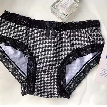 Ženske gaćice u japanskom stilu s uzorkom houndstooth, čipka, led satin, niska struka, mašna