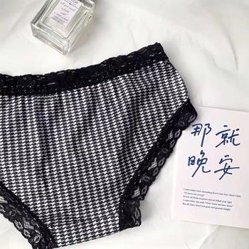 Ženske gaćice u japanskom stilu s uzorkom houndstooth, čipka, led satin, niska struka, mašna