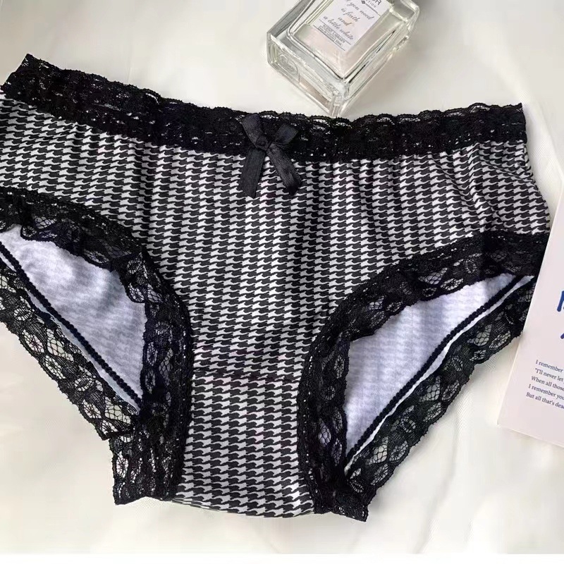 Ženske gaćice u japanskom stilu s uzorkom houndstooth, čipka, led satin, niska struka, mašna