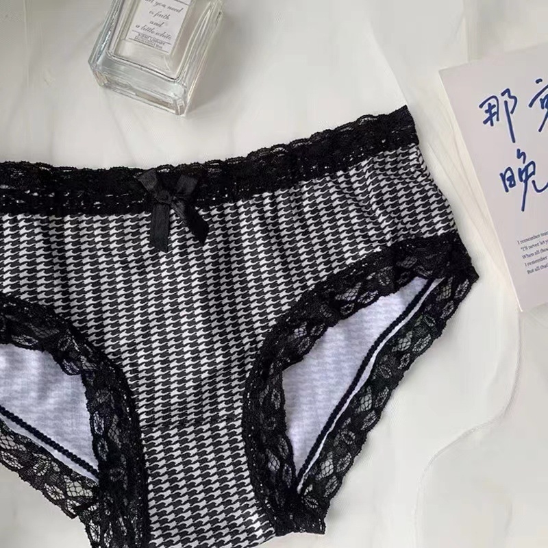 Ženske gaćice u japanskom stilu s uzorkom houndstooth, čipka, led satin, niska struka, mašna