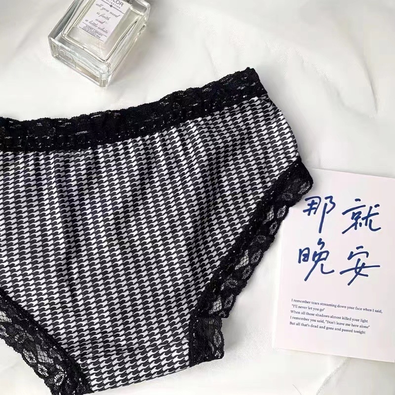 Ženske gaćice u japanskom stilu s uzorkom houndstooth, čipka, led satin, niska struka, mašna