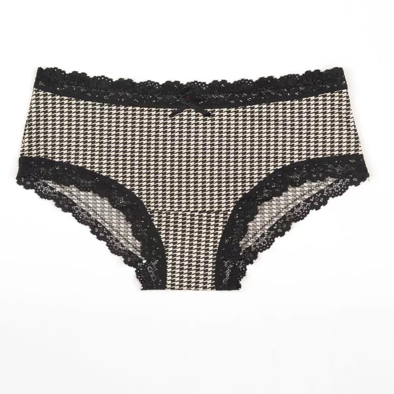 Ženske gaćice u japanskom stilu s uzorkom houndstooth, čipka, led satin, niska struka, mašna