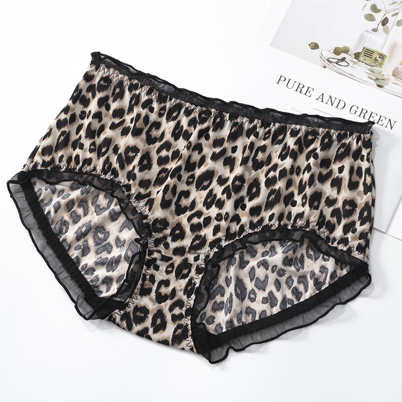 Leopard uzorak, plus-size ženske donje rublje od mliječne svile, čipka, seksi uzorak, pamučna podstava u području prepona, visoka elastičnost, trokutaste gaćice