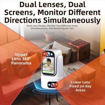 Cameră inteligentă de interior cu vizualizare duală, video și audio, vedere nocturnă infraroșu la 360°.