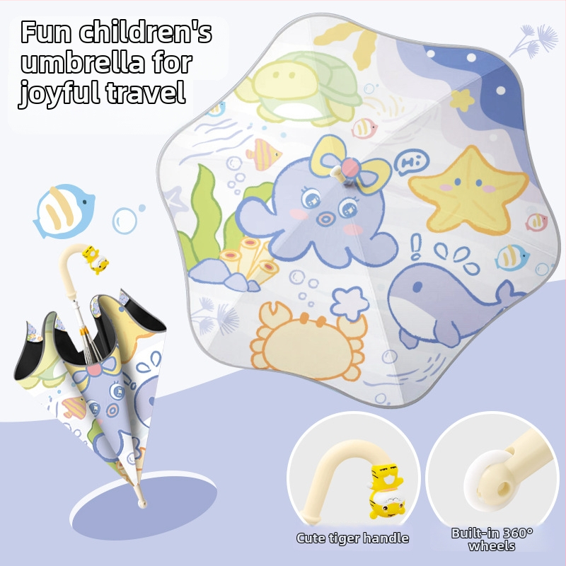 Umbrelă pentru copii cu model animale marine, stil desen animat, protecție UV, rezistentă la vânt, pentru zile însorite și ploioase