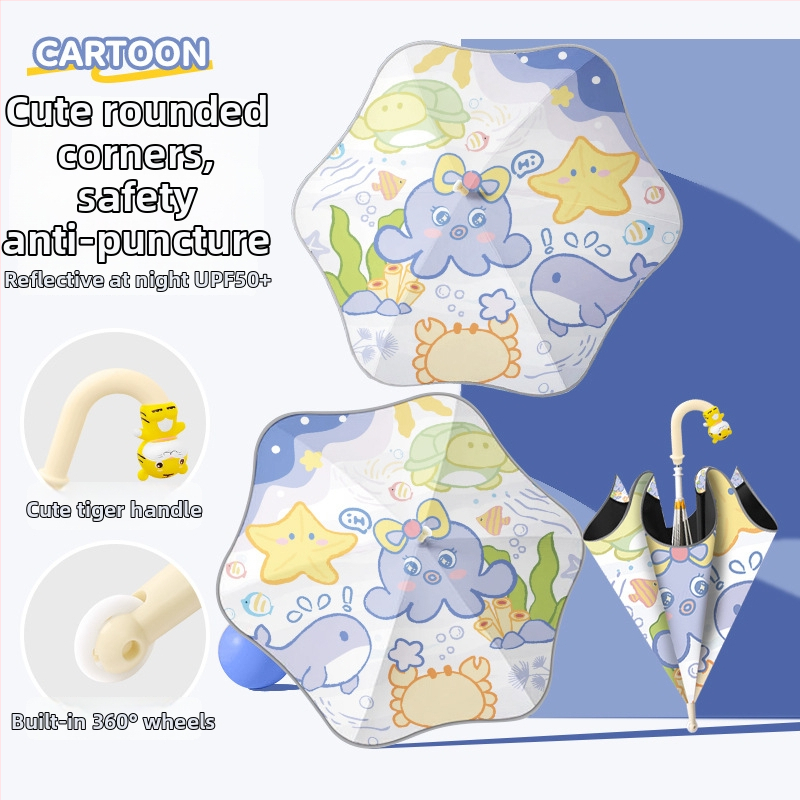 Umbrelă pentru copii cu model animale marine, stil desen animat, protecție UV, rezistentă la vânt, pentru zile însorite și ploioase