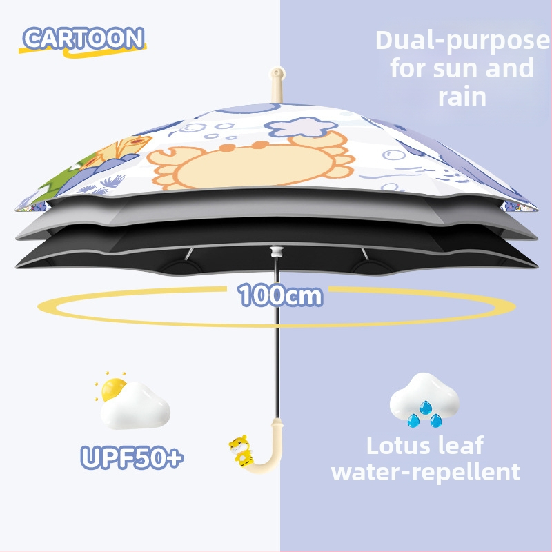 Umbrelă pentru copii cu model animale marine, stil desen animat, protecție UV, rezistentă la vânt, pentru zile însorite și ploioase