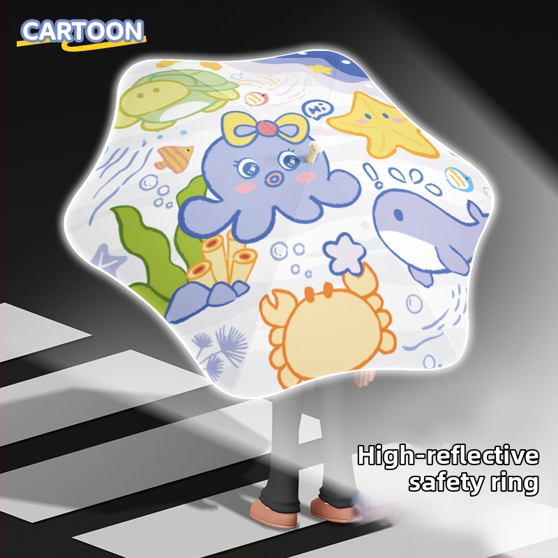 Umbrelă pentru copii cu model animale marine, stil desen animat, protecție UV, rezistentă la vânt, pentru zile însorite și ploioase