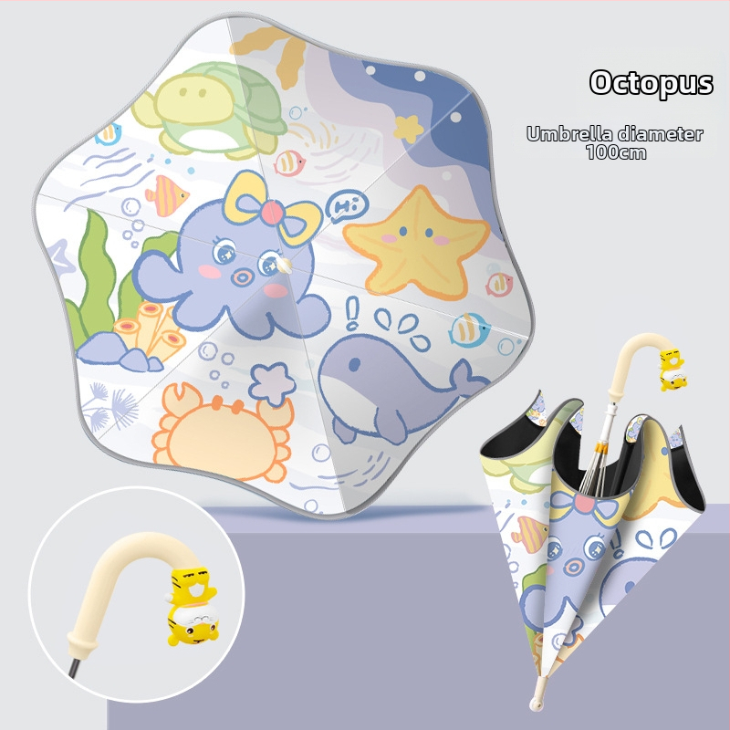 Umbrelă pentru copii cu model animale marine, stil desen animat, protecție UV, rezistentă la vânt, pentru zile însorite și ploioase