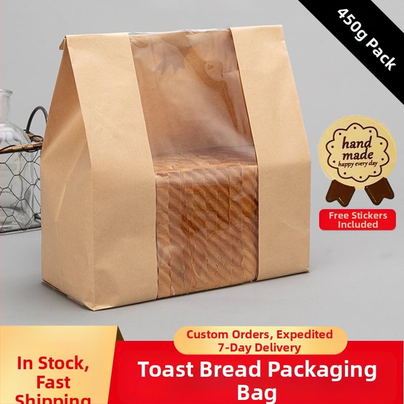 Sac de pâine din hârtie kraft, cu fereastră și autocolant de sigilare, pungă albă transparentă pentru deserturi și toast