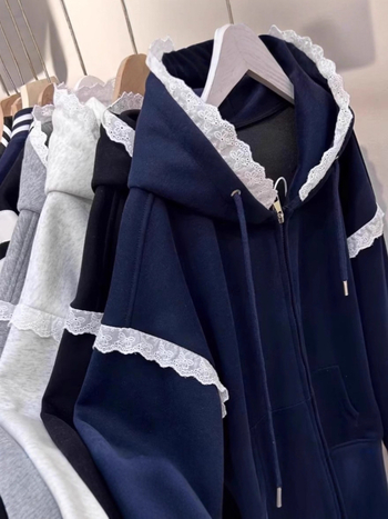 Ženski kardigan s kapuljom, patchwork čipka, zatvarač, slobodan kroj, dugi rukavi, proljeće i jesen