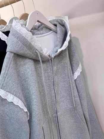 Ženski kardigan s kapuljom, patchwork čipka, zatvarač, slobodan kroj, dugi rukavi, proljeće i jesen