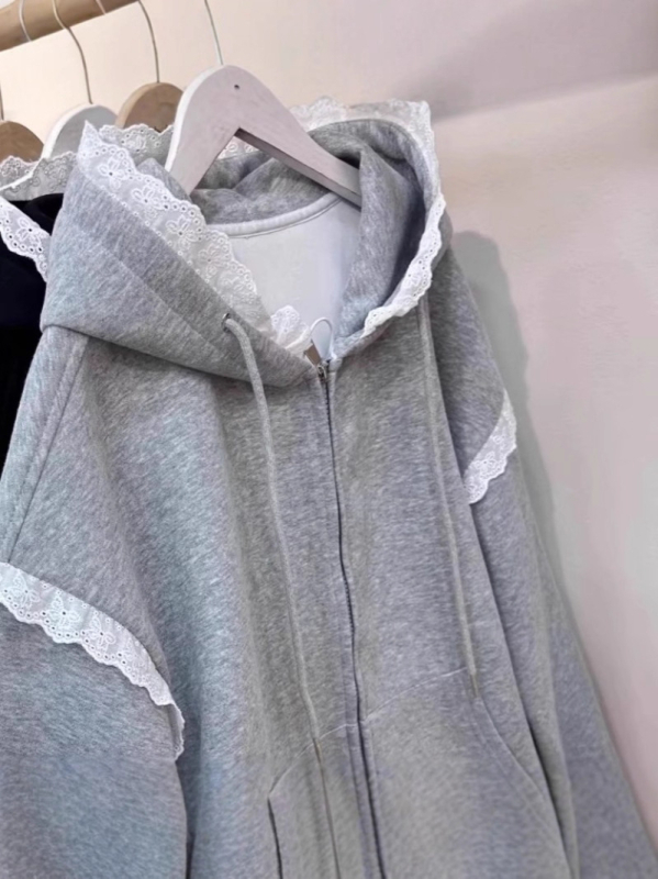 Ženski kardigan s kapuljom, patchwork čipka, zatvarač, slobodan kroj, dugi rukavi, proljeće i jesen
