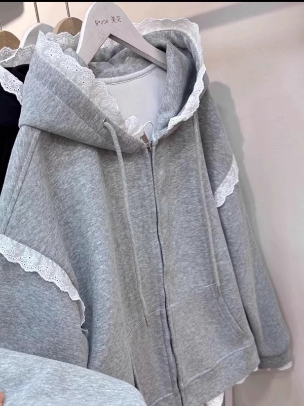 Ženski kardigan s kapuljom, patchwork čipka, zatvarač, slobodan kroj, dugi rukavi, proljeće i jesen