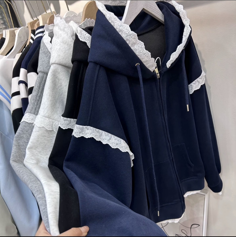 Ženski kardigan s kapuljom, patchwork čipka, zatvarač, slobodan kroj, dugi rukavi, proljeće i jesen