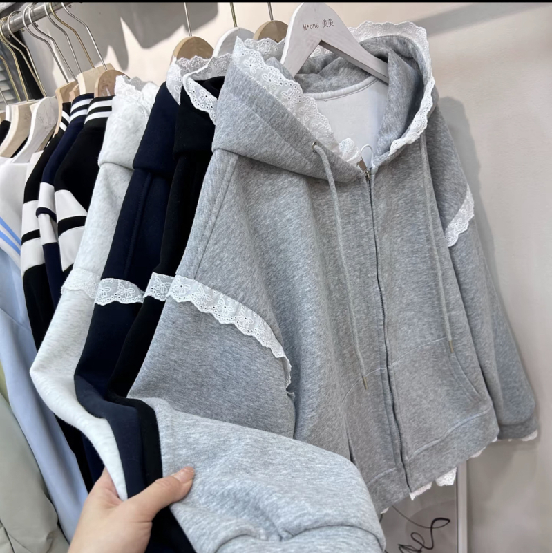 Ženski kardigan s kapuljom, patchwork čipka, zatvarač, slobodan kroj, dugi rukavi, proljeće i jesen