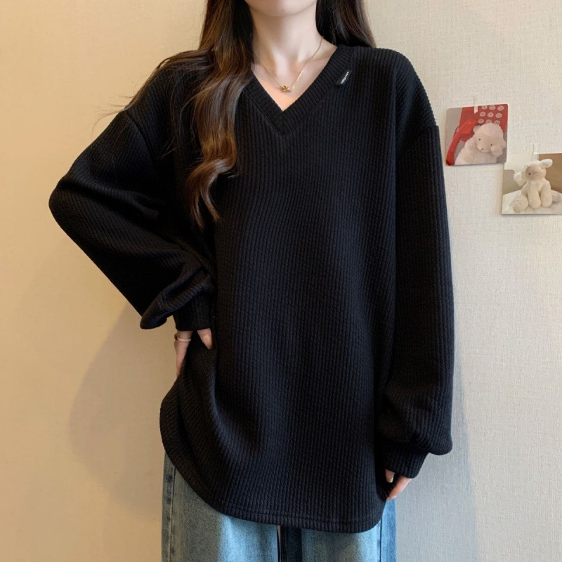Ženska majica s V-izrezom i dugačkim rukavima, slobodan kroj, korejski streetwear za proljeće