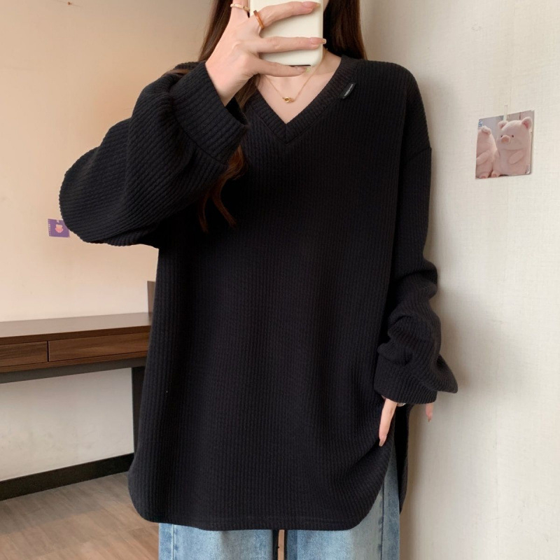 Ženska majica s V-izrezom i dugačkim rukavima, slobodan kroj, korejski streetwear za proljeće