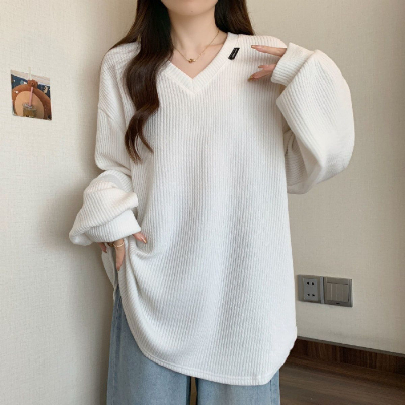 Ženska majica s V-izrezom i dugačkim rukavima, slobodan kroj, korejski streetwear za proljeće