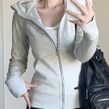 Ženski sivi hoodie s kapuljom, američkog stila, casual gornji dio, kardigan, slim fit