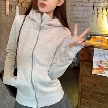 Ženski sivi hoodie s kapuljom, američkog stila, casual gornji dio, kardigan, slim fit