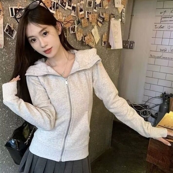 Ženski sivi hoodie s kapuljom, američkog stila, casual gornji dio, kardigan, slim fit