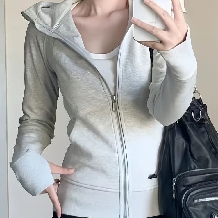 Ženski sivi hoodie s kapuljom, američkog stila, casual gornji dio, kardigan, slim fit