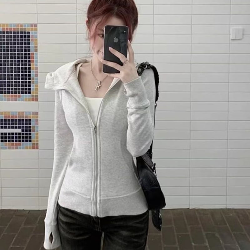 Ženski sivi hoodie s kapuljom, američkog stila, casual gornji dio, kardigan, slim fit