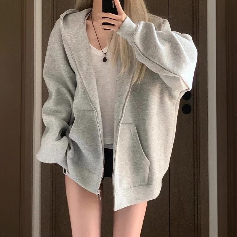 Ženski sivi hoodie s kapuljom, američkog stila, casual gornji dio, kardigan, slim fit