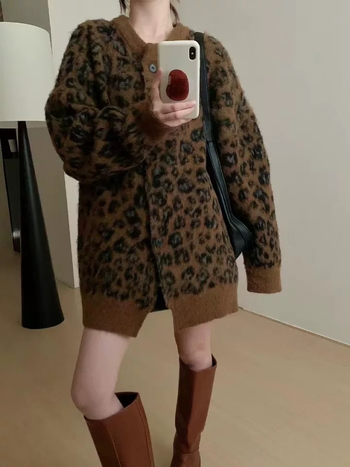 Ženski pleteni kardigan s leopard uzorkom, široki kroj za jesen-zimu, japansko-korejski ležerni stil, retro