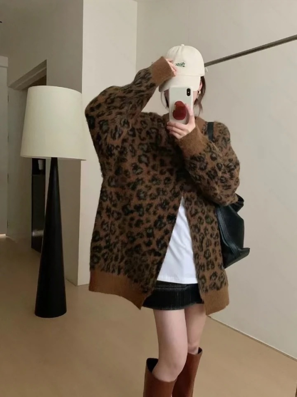 Ženski pleteni kardigan s leopard uzorkom, široki kroj za jesen-zimu, japansko-korejski ležerni stil, retro