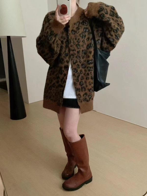 Ženski pleteni kardigan s leopard uzorkom, široki kroj za jesen-zimu, japansko-korejski ležerni stil, retro