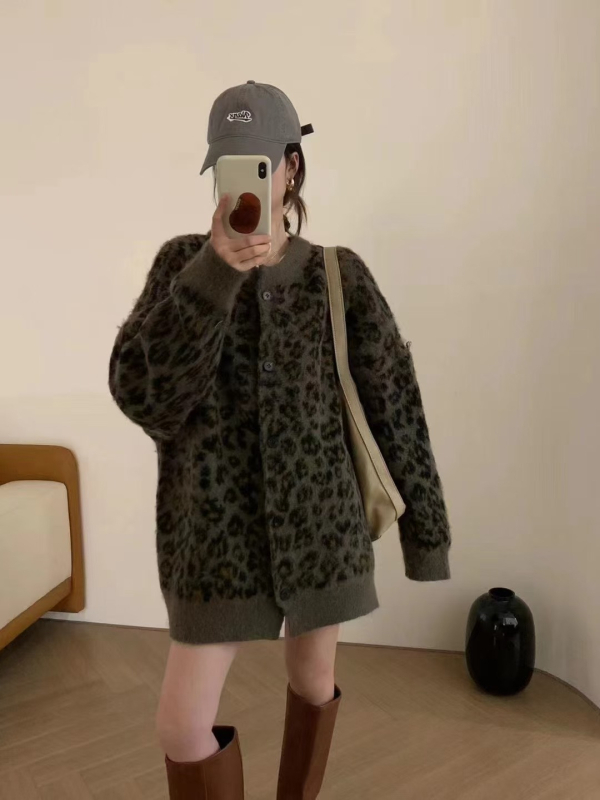 Ženski pleteni kardigan s leopard uzorkom, široki kroj za jesen-zimu, japansko-korejski ležerni stil, retro