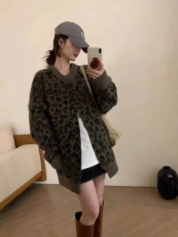 Ženski pleteni kardigan s leopard uzorkom, široki kroj za jesen-zimu, japansko-korejski ležerni stil, retro