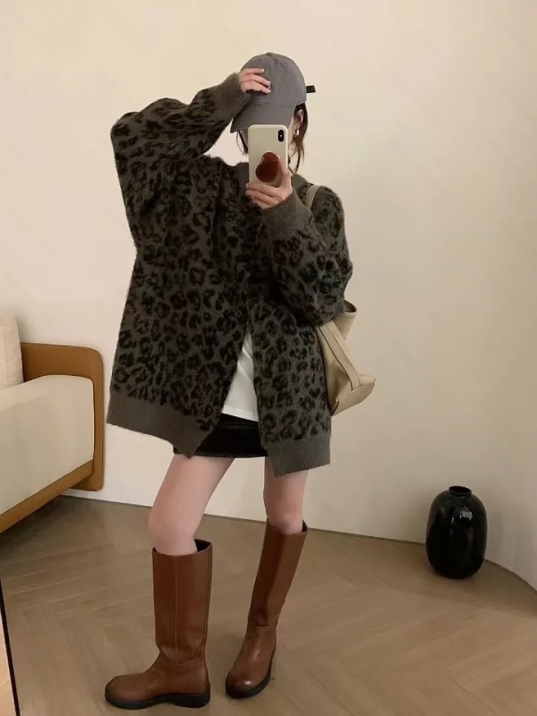 Ženski pleteni kardigan s leopard uzorkom, široki kroj za jesen-zimu, japansko-korejski ležerni stil, retro