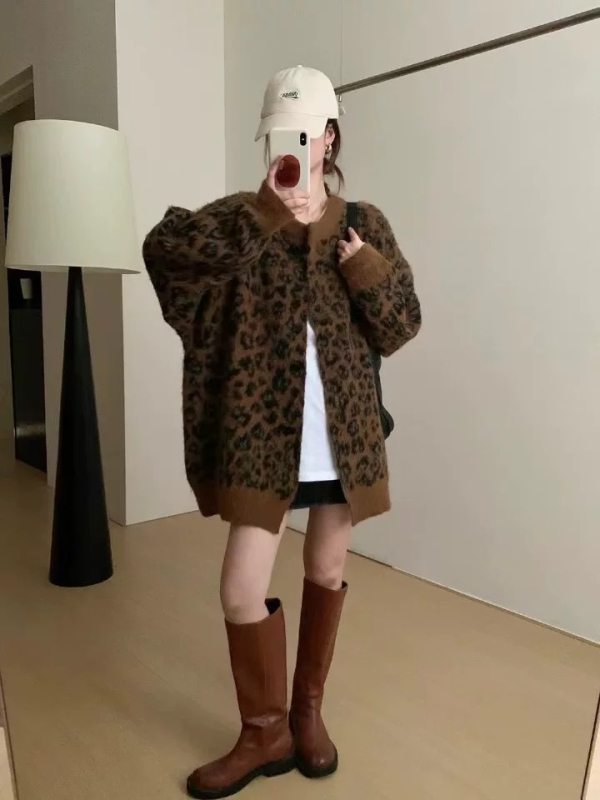 Ženski pleteni kardigan s leopard uzorkom, široki kroj za jesen-zimu, japansko-korejski ležerni stil, retro