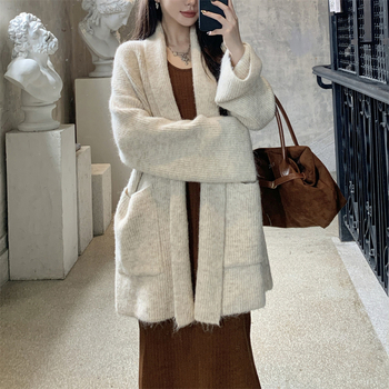 Elegantni srednje dugački pleteni kardigan za žene, jesen-zima, korejski stil ležernog kroja