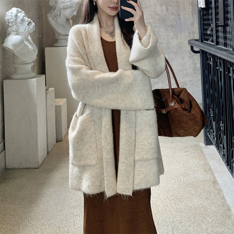 Elegantni srednje dugački pleteni kardigan za žene, jesen-zima, korejski stil ležernog kroja