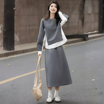 корейски стил двучастков комплект: суитшърт и пола с цепка, ежедневен моден костюм за жени, есен-зима 2025