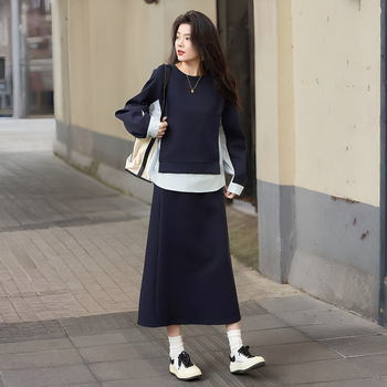 корейски стил двучастков комплект: суитшърт и пола с цепка, ежедневен моден костюм за жени, есен-зима 2025