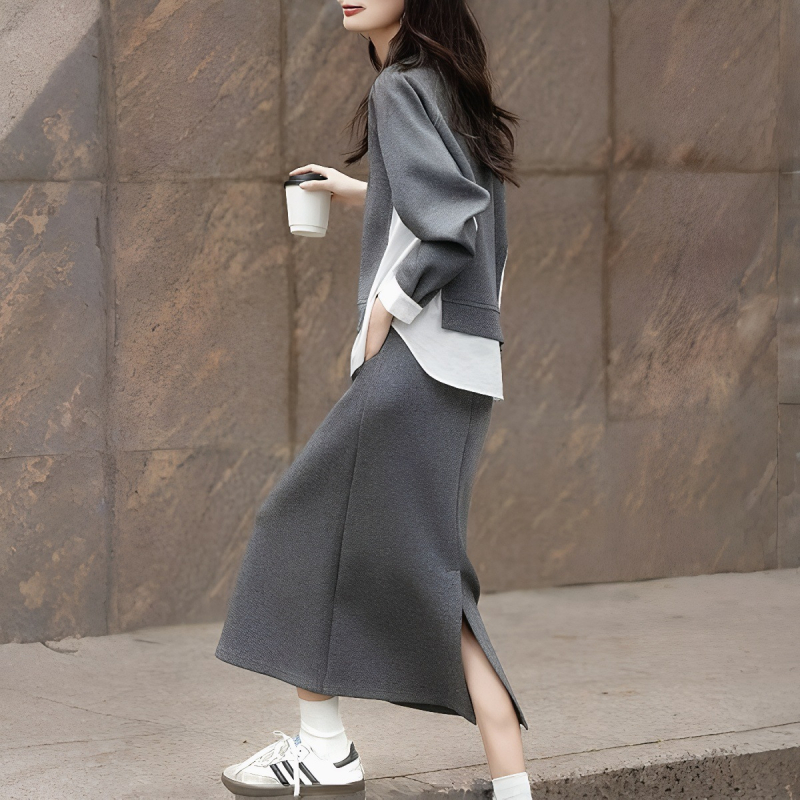 корейски стил двучастков комплект: суитшърт и пола с цепка, ежедневен моден костюм за жени, есен-зима 2025