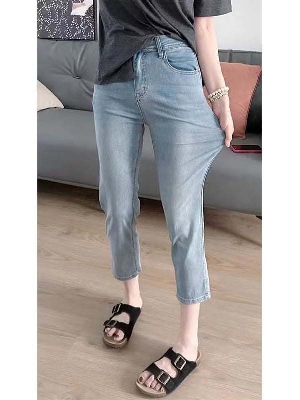 Ženske Ice Silk elastične traperice, visoki pojas, cropped Capri hlače, za plus size i sitne figure