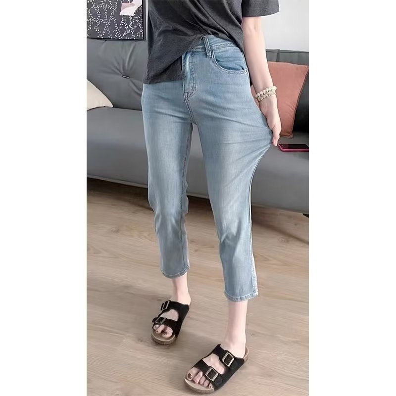 Ženske Ice Silk elastične traperice, visoki pojas, cropped Capri hlače, za plus size i sitne figure